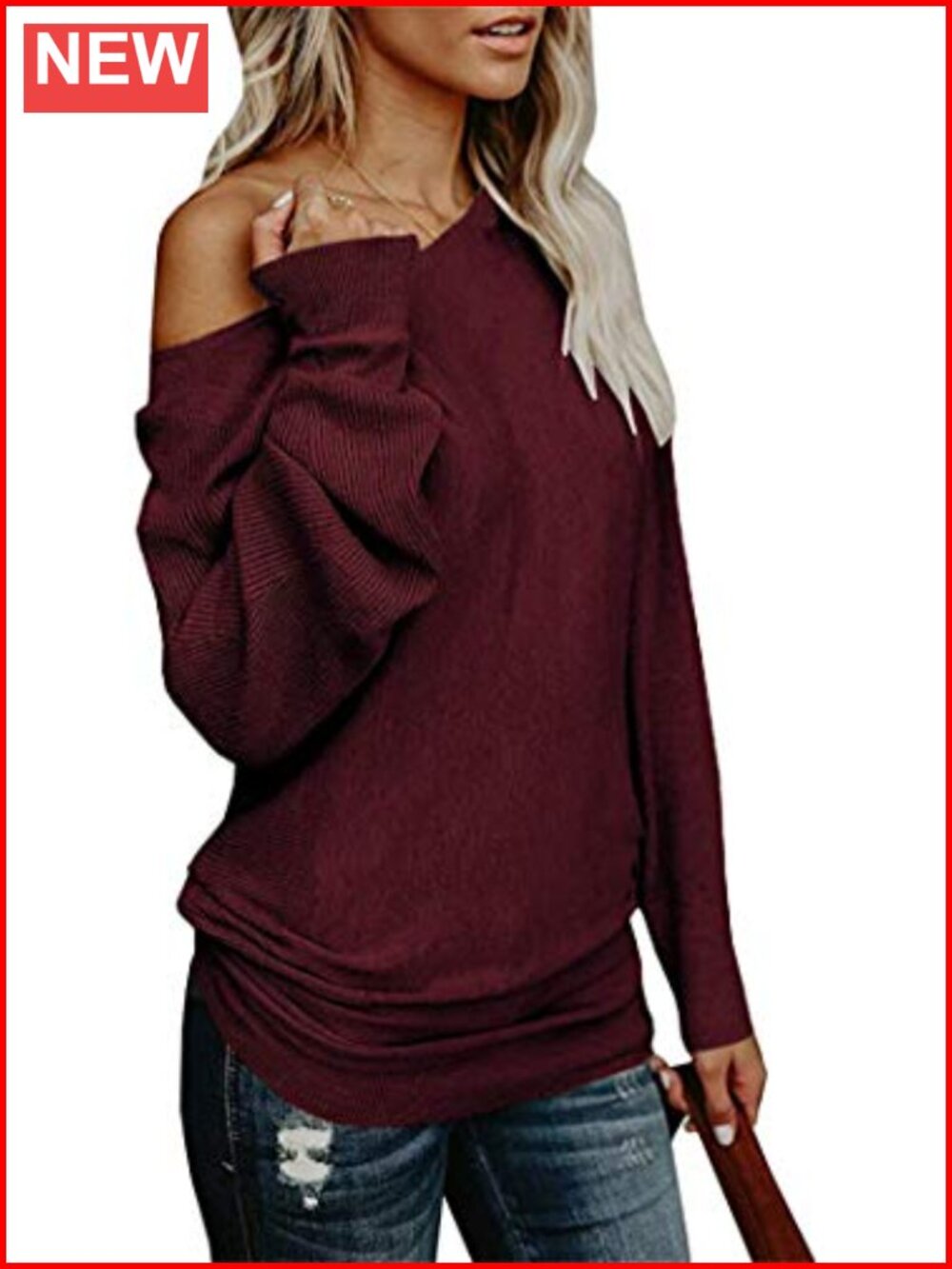 Off The Shoulder Oversized Knit Sweater Batwing Long Sleeve Tunic Pullover